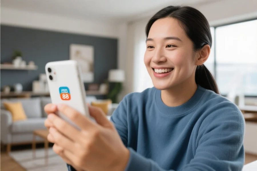 用户愉快地操作澳洲幸运8App，表情轻松，背景为现代家居环境，突出舒适与安全感