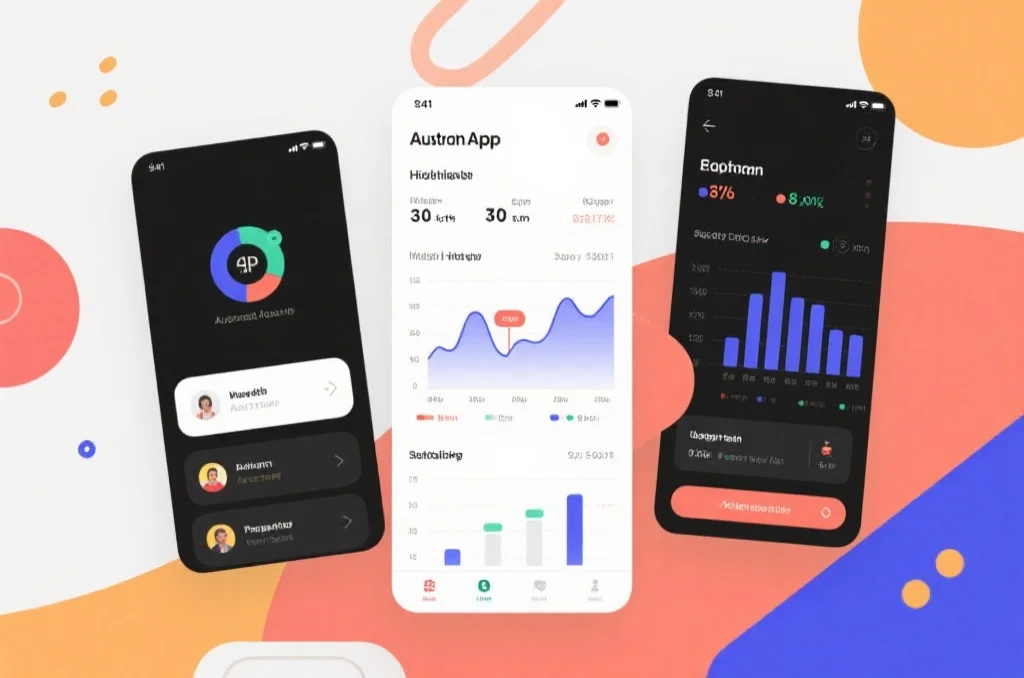 抽象风格展示澳洲幸运8官方App的多功能界面，包括历史数据、统计图表与个性化推送通知